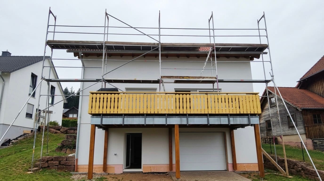Gerüst für die Photovoltaikmontage am Wohnhaus in Eisenbach