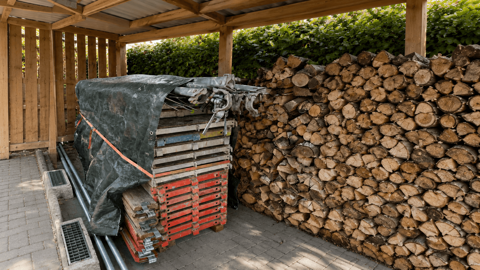 Eingelagertes Gerüstmaterial im Lager